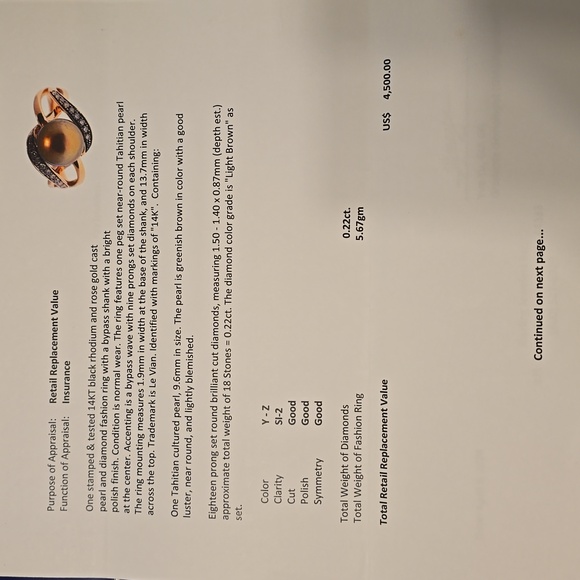 Tahition Chocolate Pearl and Diamond Ring LeVian Brand - Picture 4 of 4